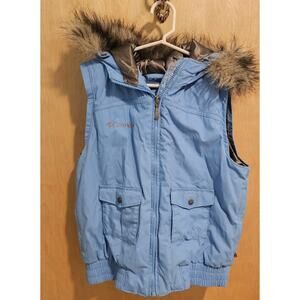 Columbia Blue Faux Fur Hood Youth Girls Puffer Full Zip Vest MEDIUM 10/12